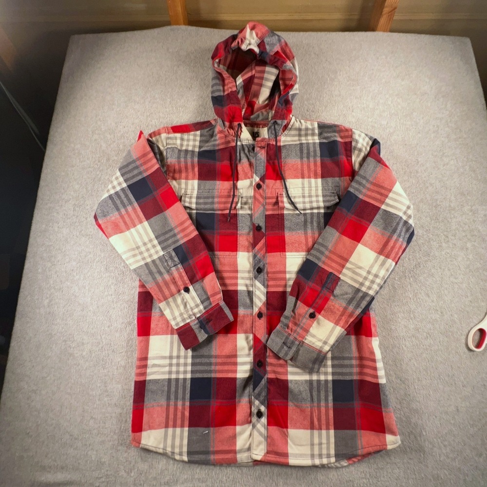 Burton Ruckus Flannel Hooded Shirt Mens Large Red Blue Plaid Button Up 13617 SL